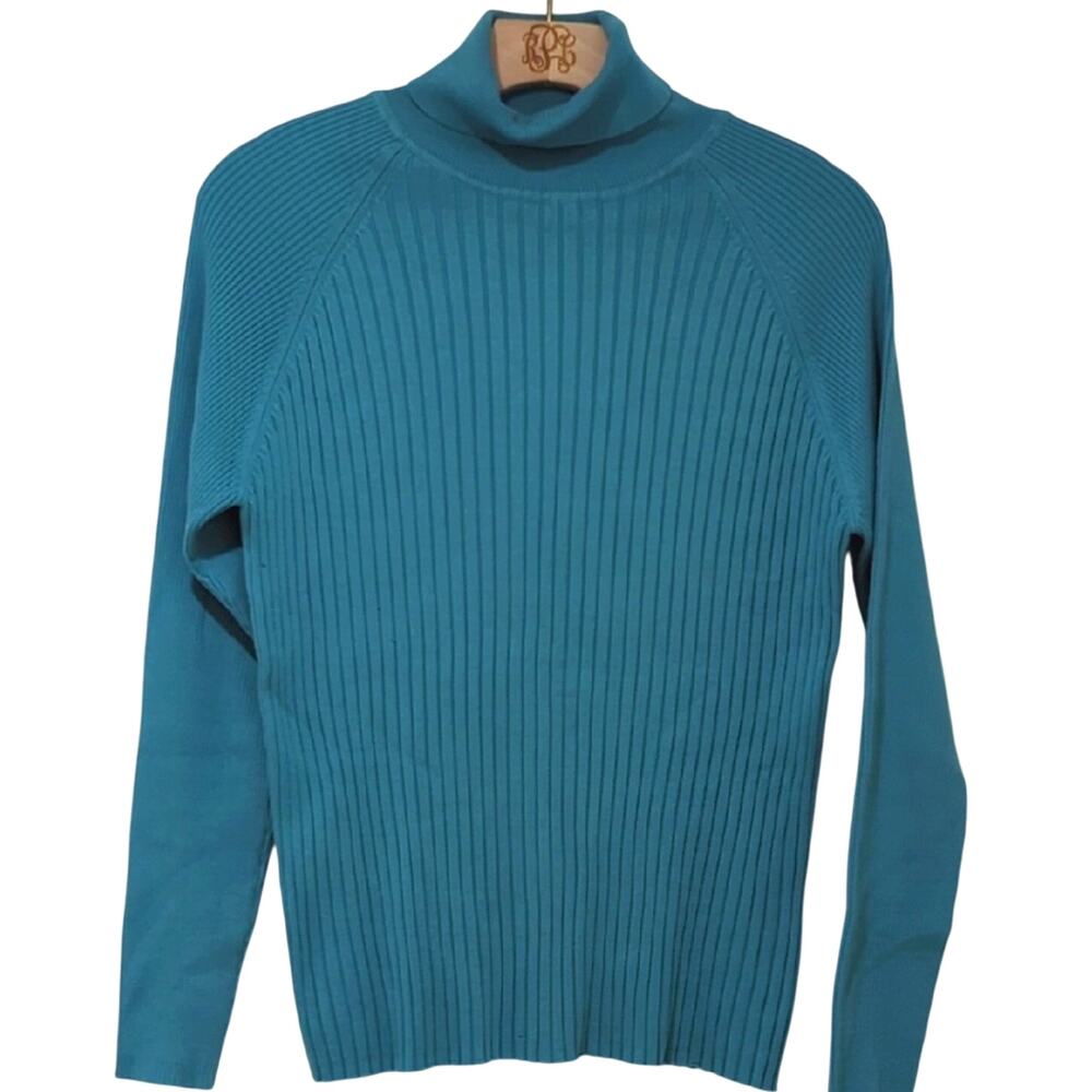 Austin Reed Silk Ribbed Turtleneck Sweater Women's L Jade Turquoise Blue Stretch